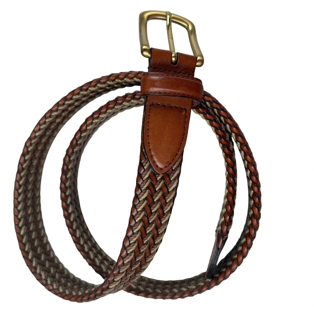 Mens Brown Braided Woven Leather Cord Belt Solid Brass Buckle Size 38